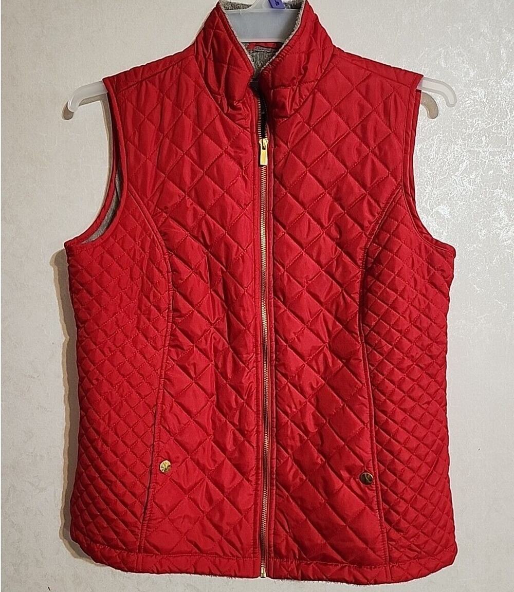 Laura Scott Quilted Vest Red Grey Faux Fur Lining sz Large Pockets